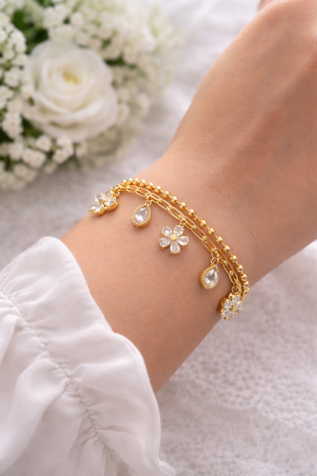 Crystal flower charm layer bracelet