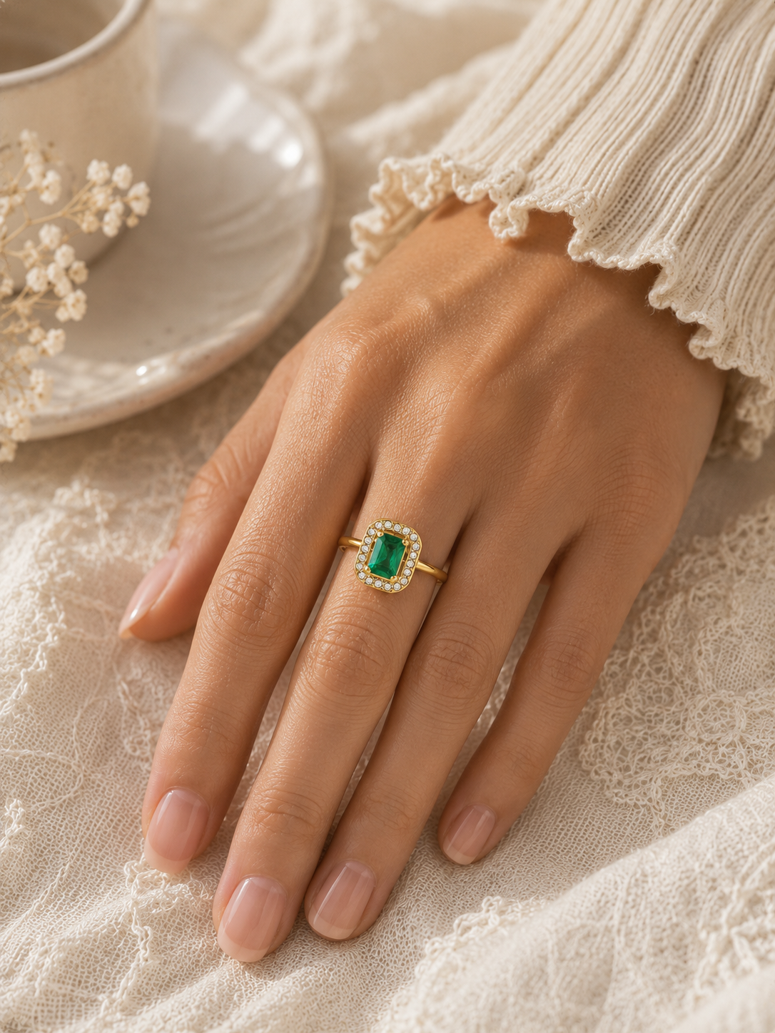 Emerald cube halo ring