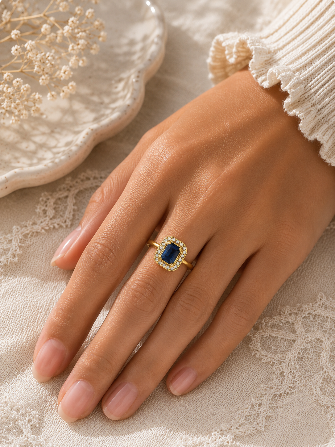Sapphire cube halo ring